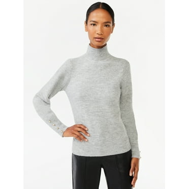 Scoop Women's Turtleneck Sweater with Faux Pearl Button Cuffs, Midweight, Sizes XS-XXL