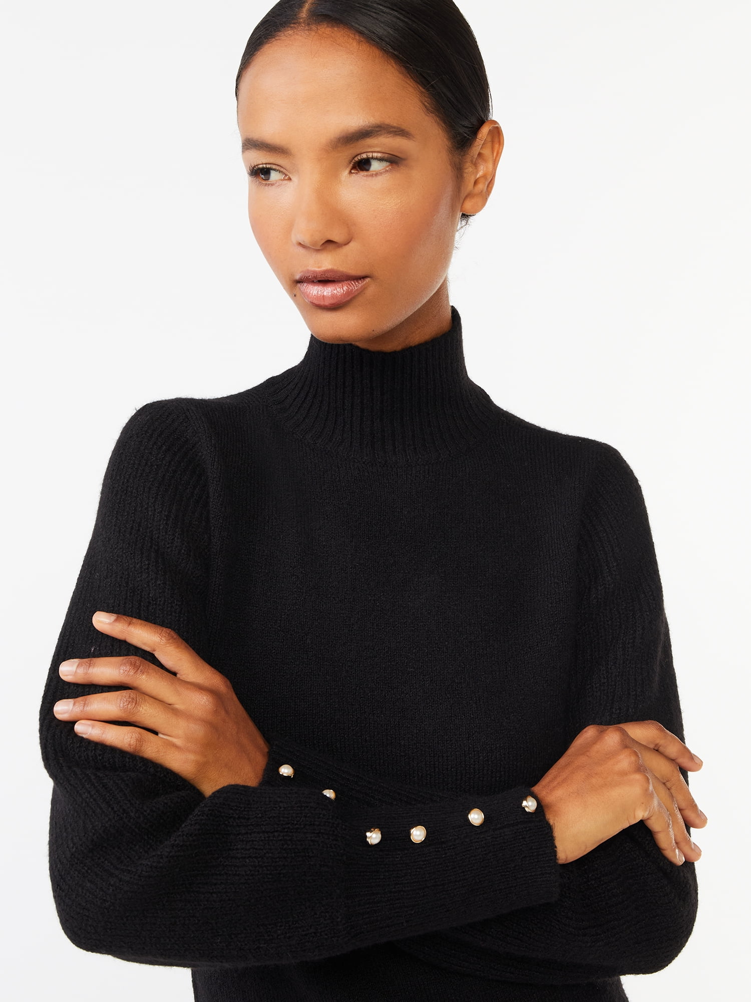 Scoop Women's Turtleneck Sweater with Faux Pearl Button Scoop Women's Turtleneck Sweater with Faux Pearl Button