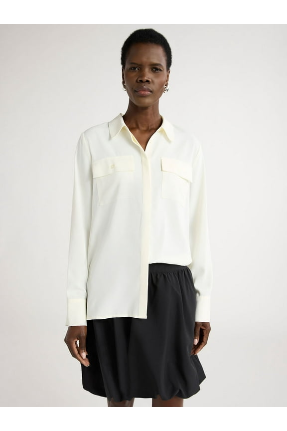 Women’s Ultimate Button Down Blouse with Two Pockets, Sizes XS-4X