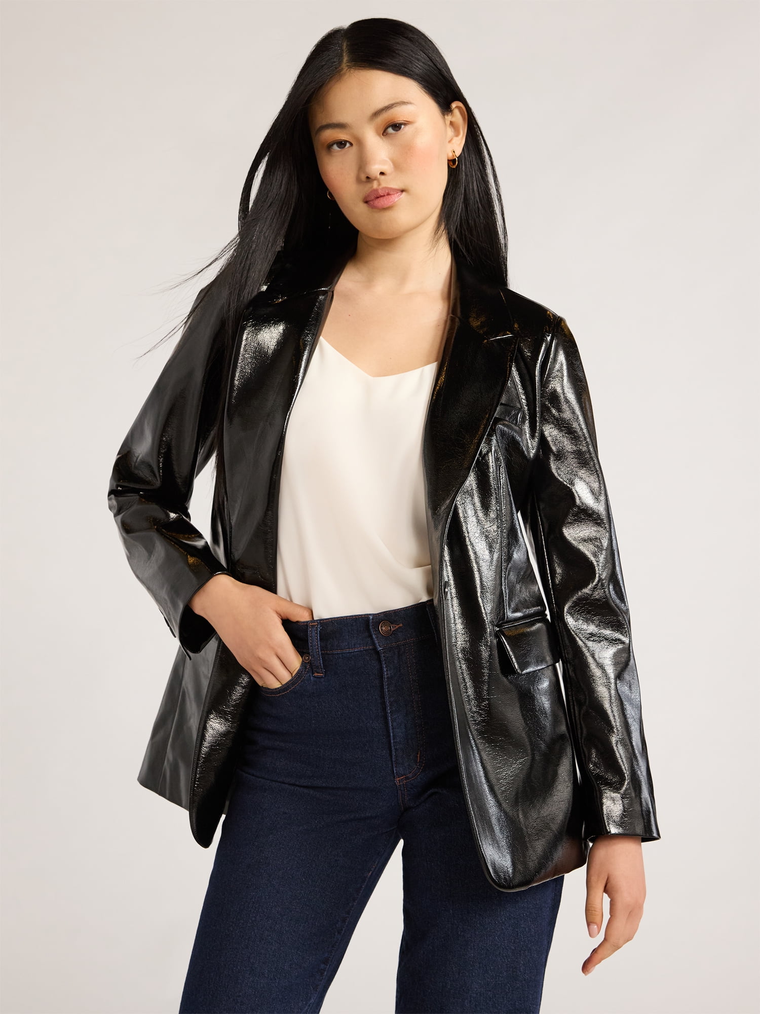 Scoop Women's Faux Patent Leather One Button Blazer, Sizes XS-XXL