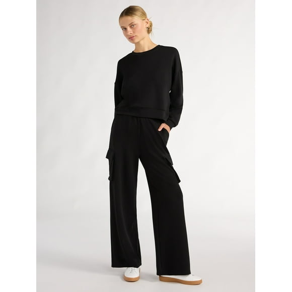 Scoop Women’s and Women’s Plus Scubaknit Wide Leg Cargo Sweatpants, Sizes XS-4X