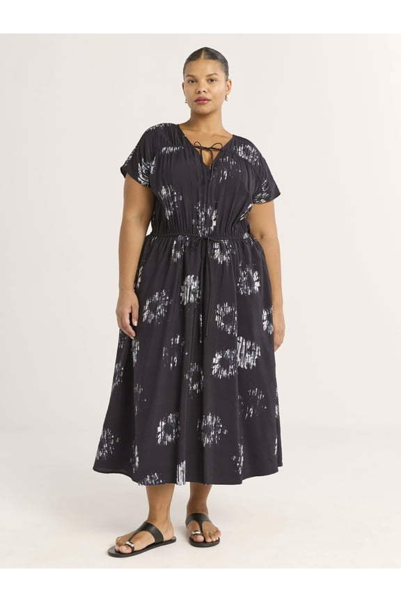 Women’s V-Neck Crinkle Midi Dress, Sizes XS-4X