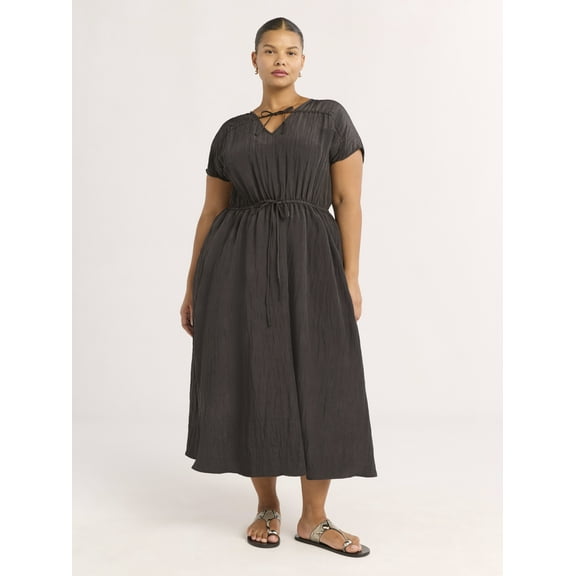 Scoop Women’s V-Neck Crinkle Midi Dress, Sizes XS-4X