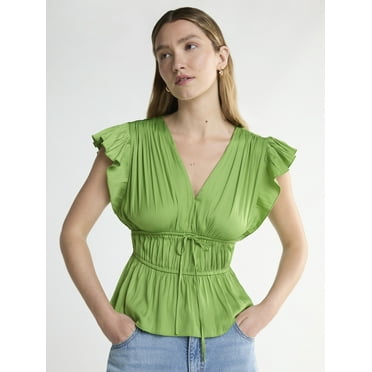 Scoop Women's V Neck Satin Top with Flutter Sleeves, Sizes XS-4X