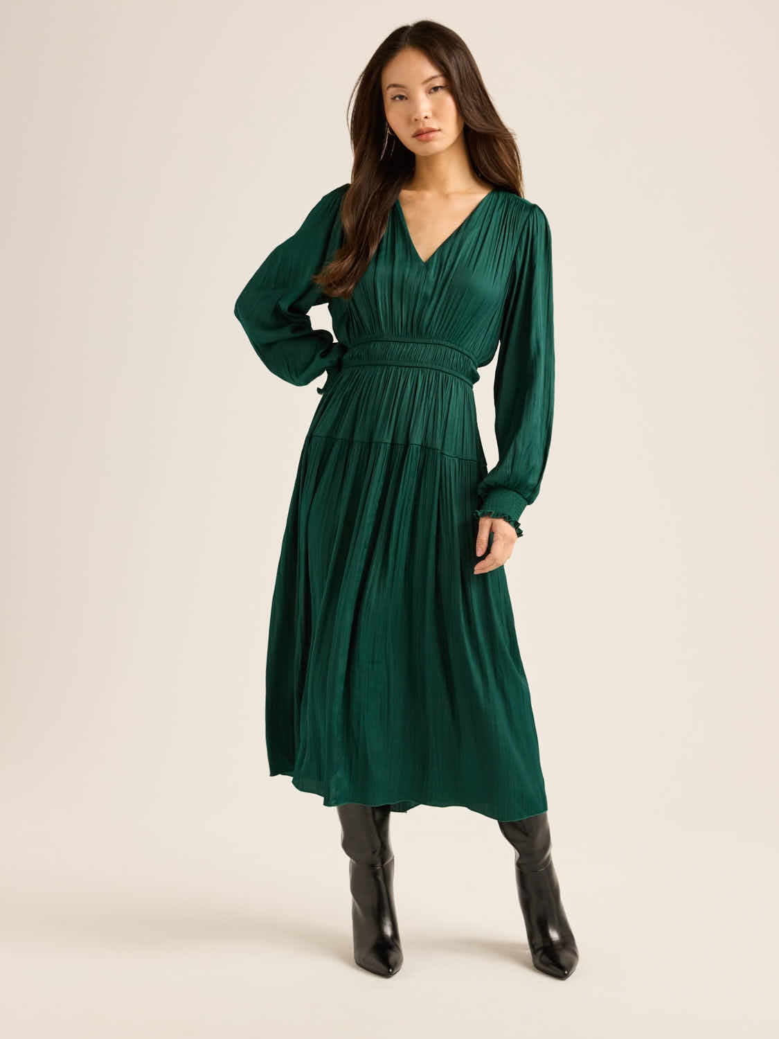 Scoop Women's & Women's Plus V Neck Plissé Midi Dress, Sizes XS-4X