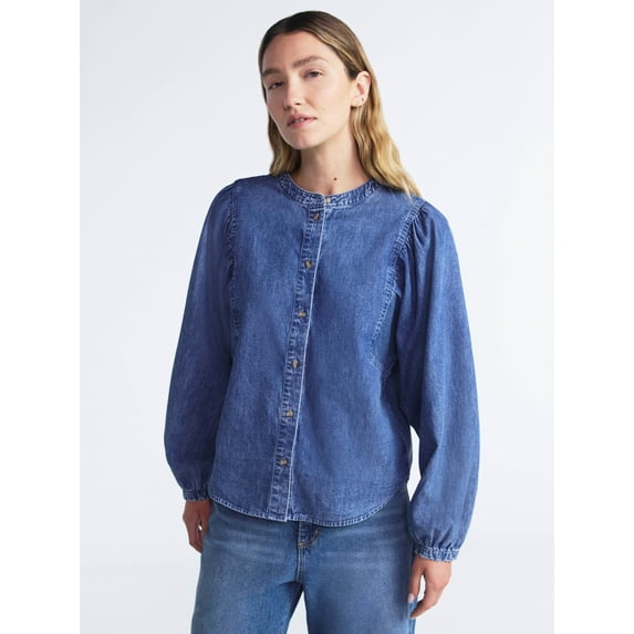 Scoop Women's Cotton Denim Shirt with Blouson Sleeves, Sizes XS-XXL