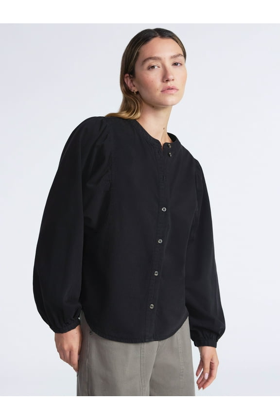 Women's Cotton Denim Shirt with Blouson Sleeves, Sizes XS-XXL