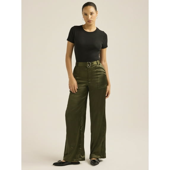 Scoop Women's Wide Leg Belted Satin Pants, Sizes 2-16