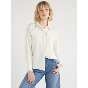 Scoop Women's & Women's Plus Button Down Blouse with Two Pockets, Sizes XS-4X