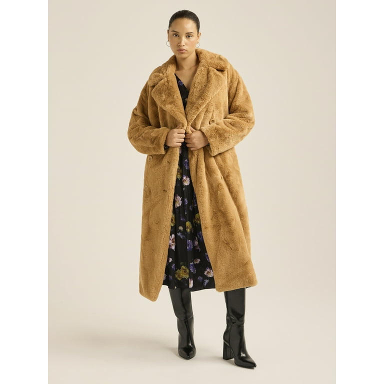 Scoop Women's Women's Plus Faux Fur Oversized Maxi Coat, Sizes