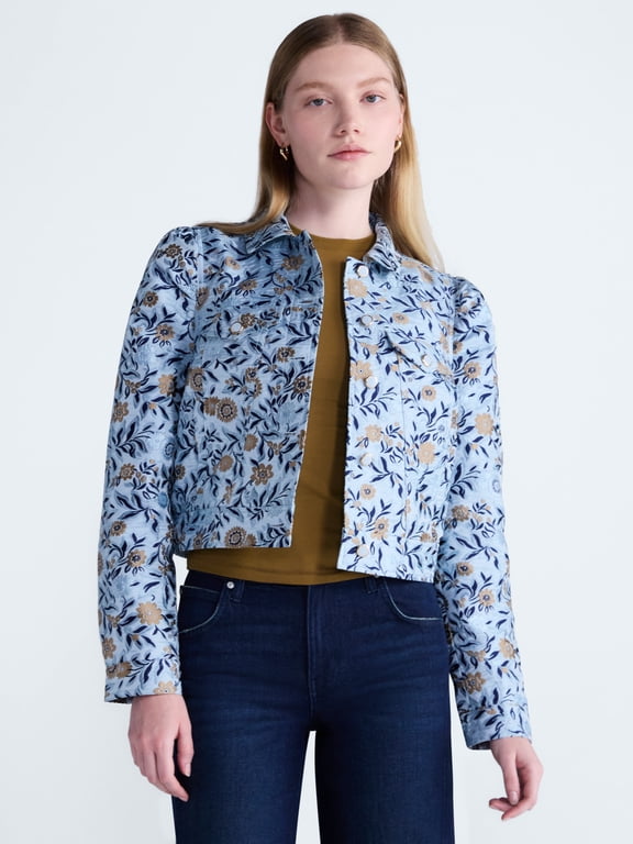 Women’s and Women's Plus Cropped Trucker Jacket with Puff Sleeves, Sizes XS-4X