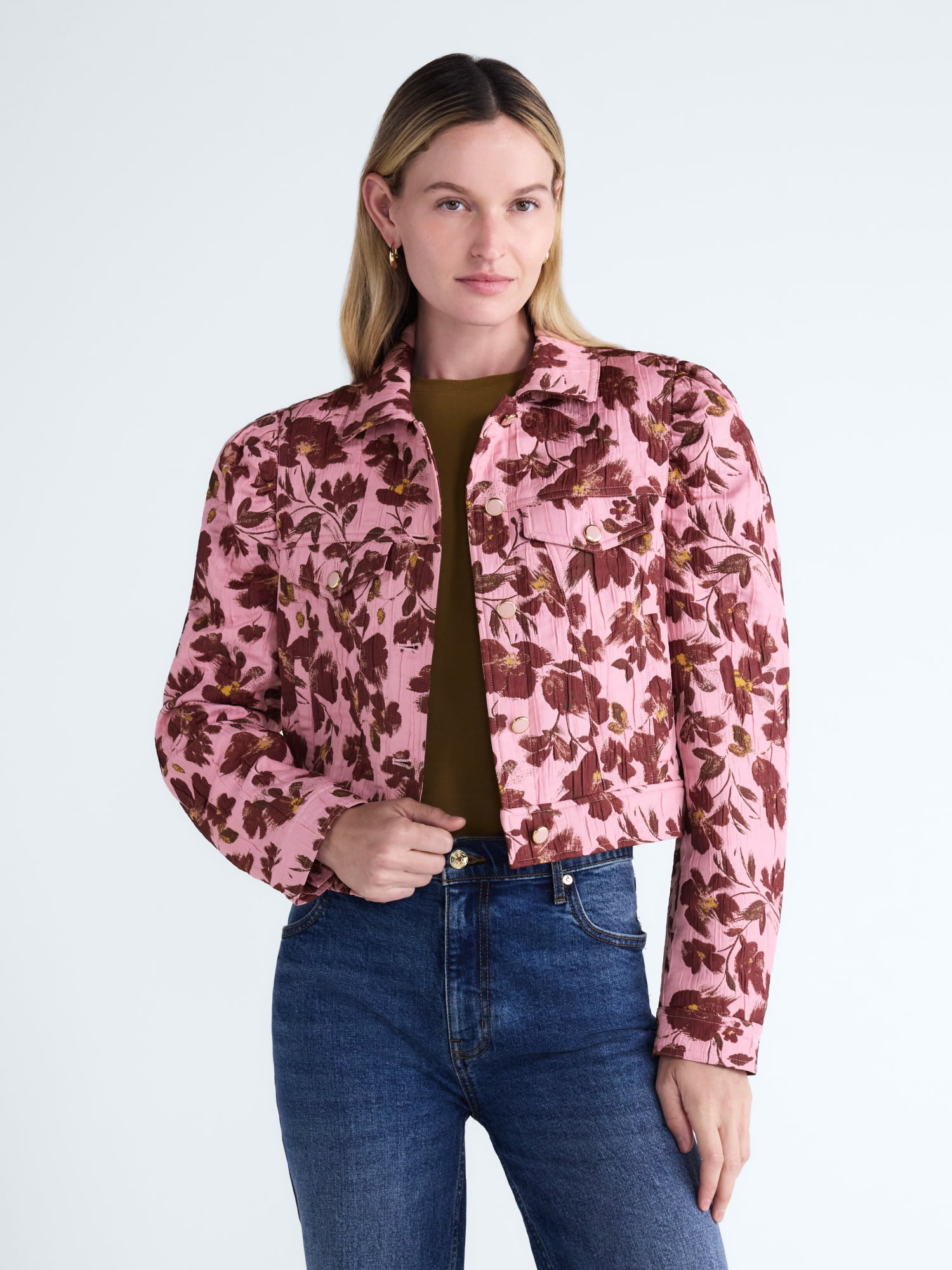Scoop Women’s and Women's Plus Cropped Trucker Jacket with Puff Sleeves, Sizes XS-4X