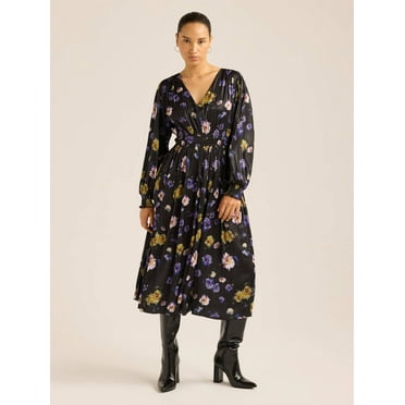 Scoop Women's & Women's Plus V Neck Plissé Midi Dress, Sizes XS-4X