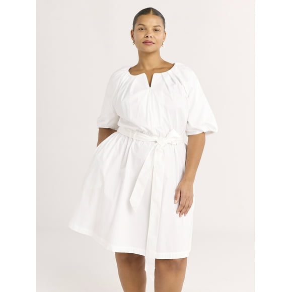 Scoop Women's and Women's Plus Belted Cotton Poplin Mini Dress with Puff Sleeves, Sizes XS-4X