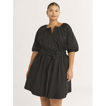 Scoop Women's and Women's Plus Belted Cotton Poplin Mini Dress with Puff Sleeves, Sizes XS-4X