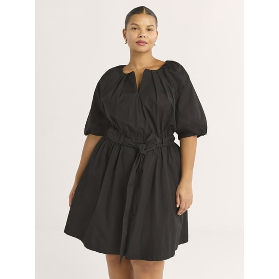 Scoop Women's and Women's Plus Belted Cotton Poplin Mini Dress with Puff Sleeves, Sizes XS-4X