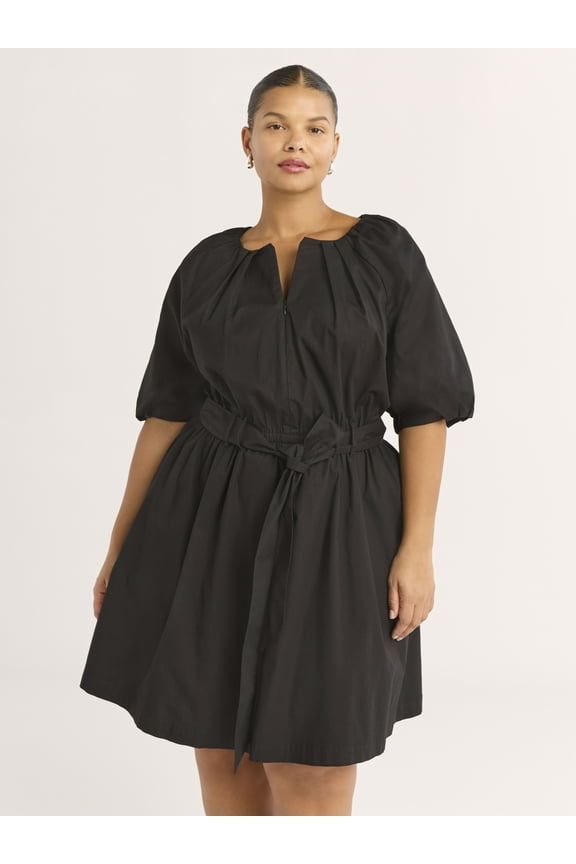 Women's and Women's Plus Belted Cotton Poplin Mini Dress with Puff Sleeves, Sizes XS-4X