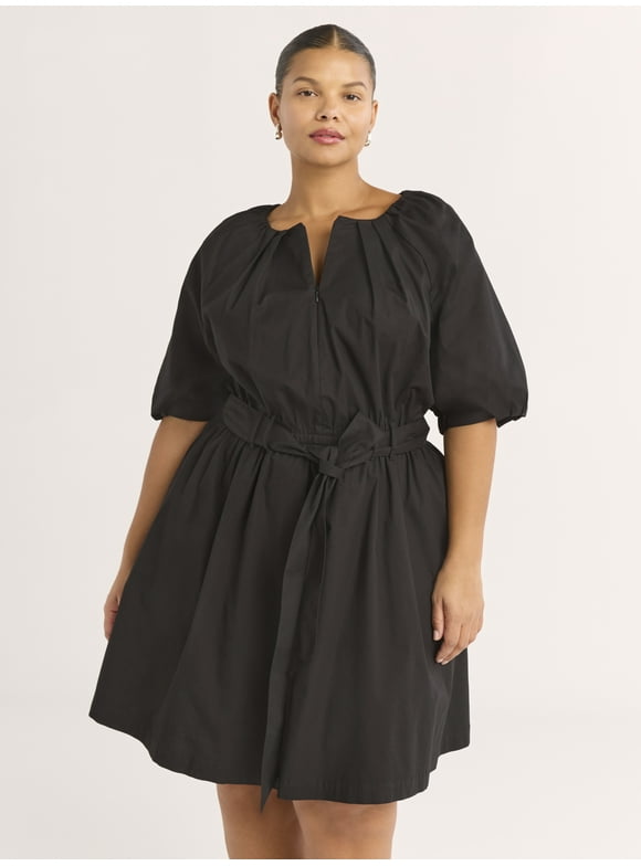 Women's and Women's Plus Belted Cotton Poplin Mini Dress with Puff Sleeves, Sizes XS-4X