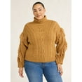 thumbnail image 1 of Scoop Women’s and Women's Plus Cable Knit Turtleneck Sweater with Fringe, Midweight, Sizes XS-4X, 1 of 5