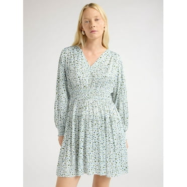 Scoop Women's and Women's Plus Crinkle Satin V-Neck Shirred Mini Dress with Long Sleeves, Sizes XS-4X