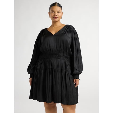 Women's and Women's Plus Crinkle Satin V-Neck Shirred Mini Dress with Long Sleeves, Sizes XS-4X