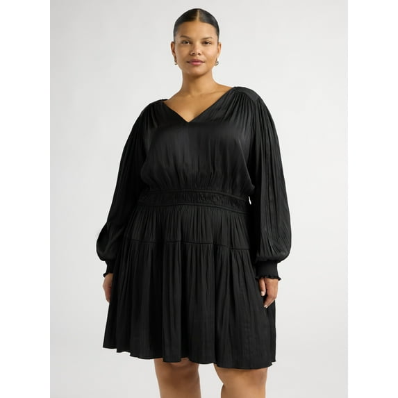 Scoop Women's and Women's Plus Crinkle Satin V-Neck Shirred Mini Dress with Long Sleeves, Sizes XS-4X