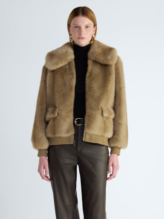 Women's and Women's Plus Faux Fur Bomber Jacket with Wide Collar, Sizes XS-4X