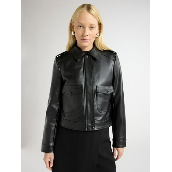 Scoop Women's and Women's Plus Faux Leather Cargo Pocket Jacket, Sizes XS-4X