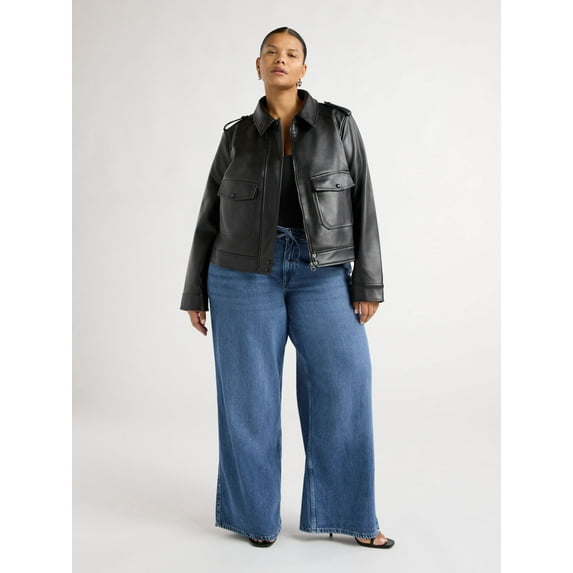 Scoop Women's and Women's Plus Faux Leather Cargo Pocket Jacket, Sizes XS-4X