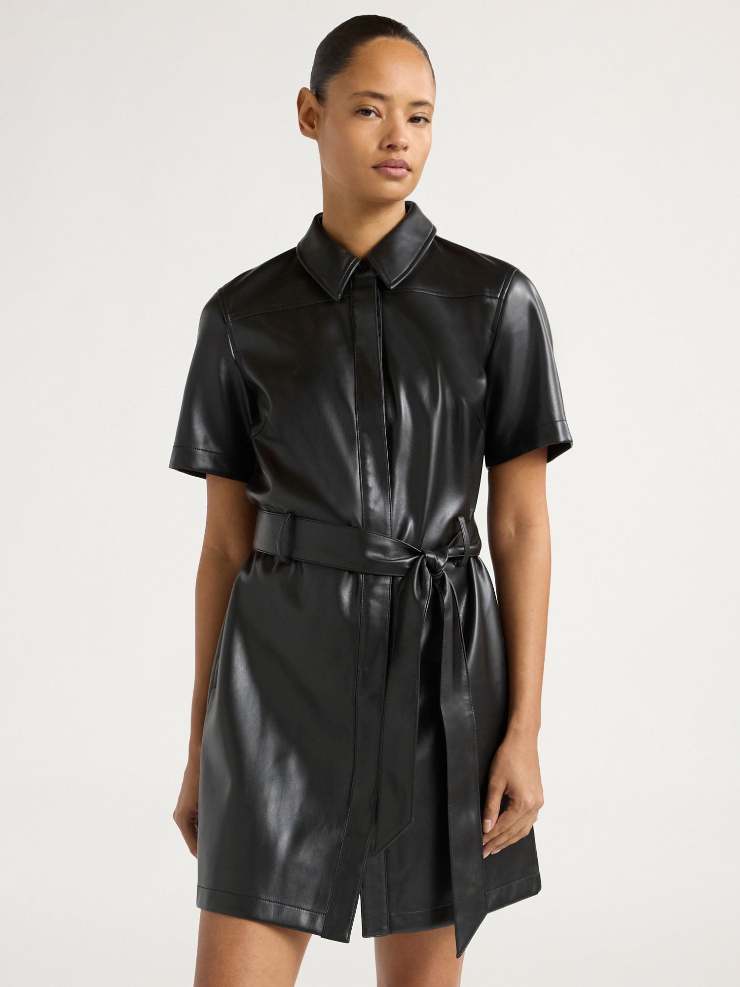 fitted lace wedding dress Black Faux Leather Short Sleeve Mini Shift Dress main image 0