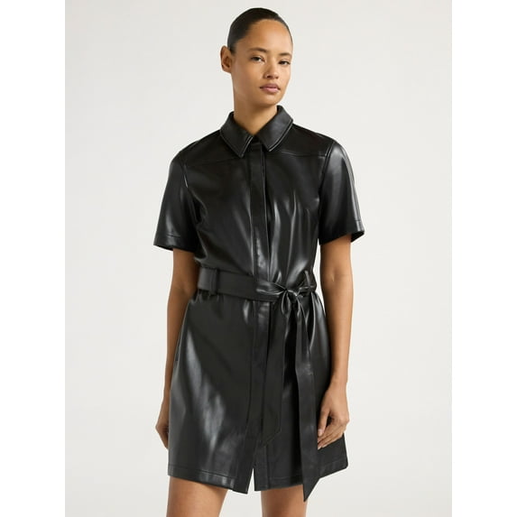 Scoop Women's and Women's Plus Faux Leather Collared Mini Shirt Dress with Short Sleeves, Sizes XS-4X
