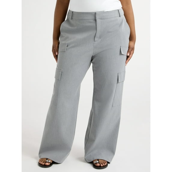 Scoop Women's and Women's Plus Faux Wool Wide Leg Cargo Pants, 32’’ Inseam, Sizes 0-28W