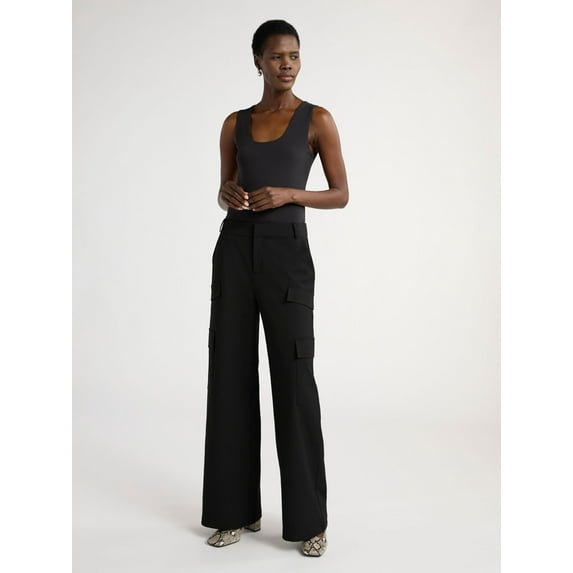 Scoop Women's and Women's Plus Faux Wool Wide Leg Cargo Pants, 32