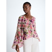 Scoop Womens and Womens Plus Flowy Sheer Asymmetrical Blouse, Desert Peony Floral, Sizes XS-4X