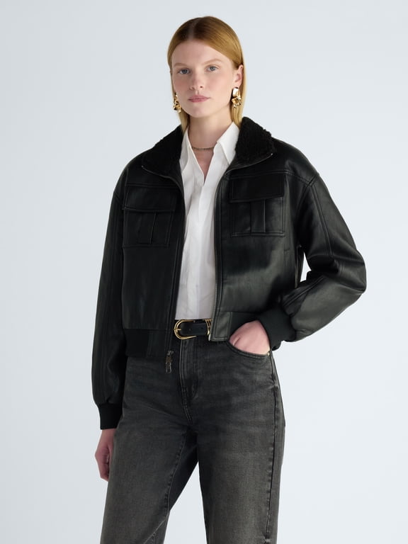 Women's and Women's Plus High Neck Faux Leather Cargo Bomber Jacket, Sizes XS-4X