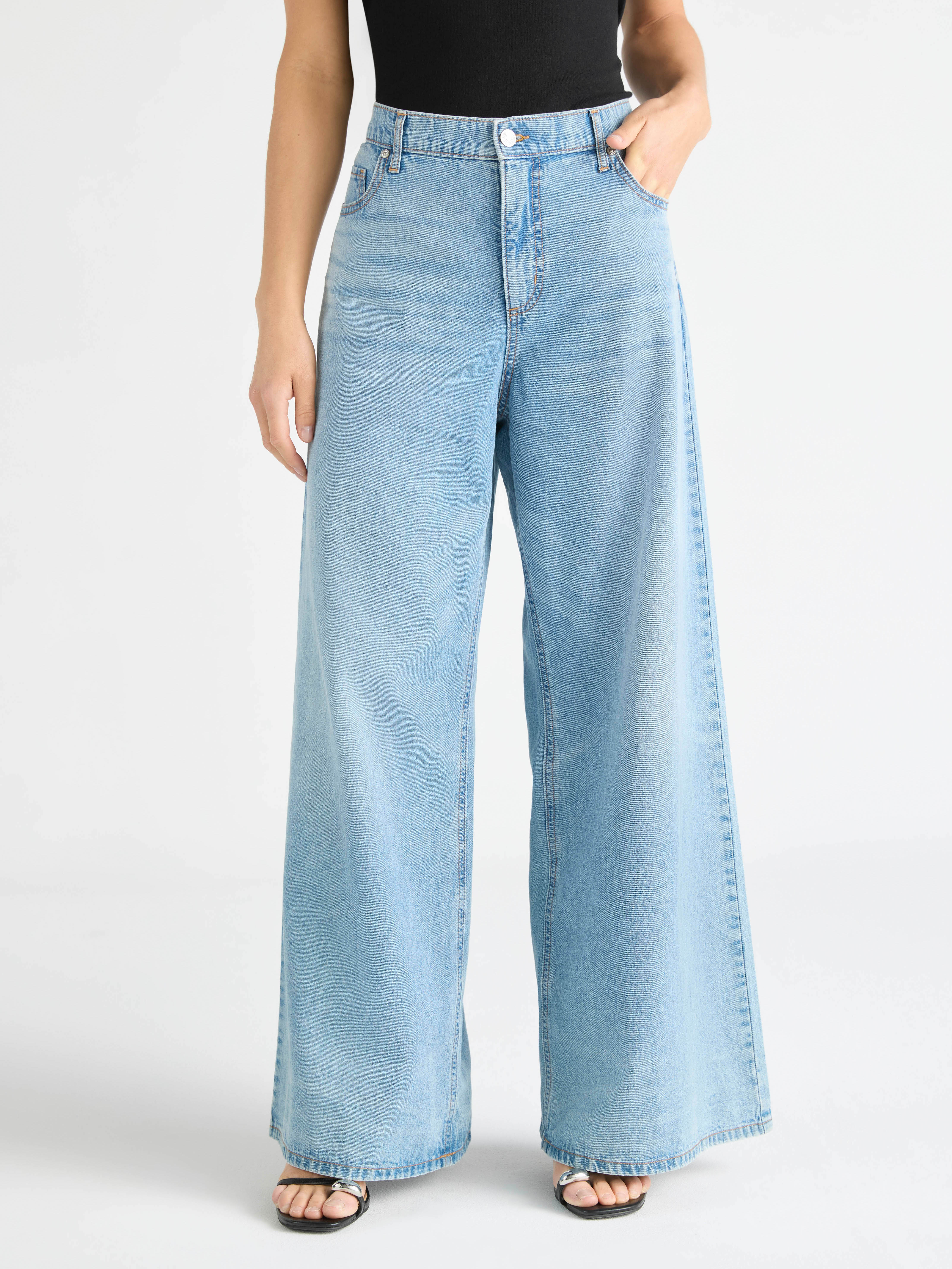 Scoop Women's and Women's Plus High Rise Baggy Wide Leg Jeans, Sizes 0-28W, Short & Long Lengths Available