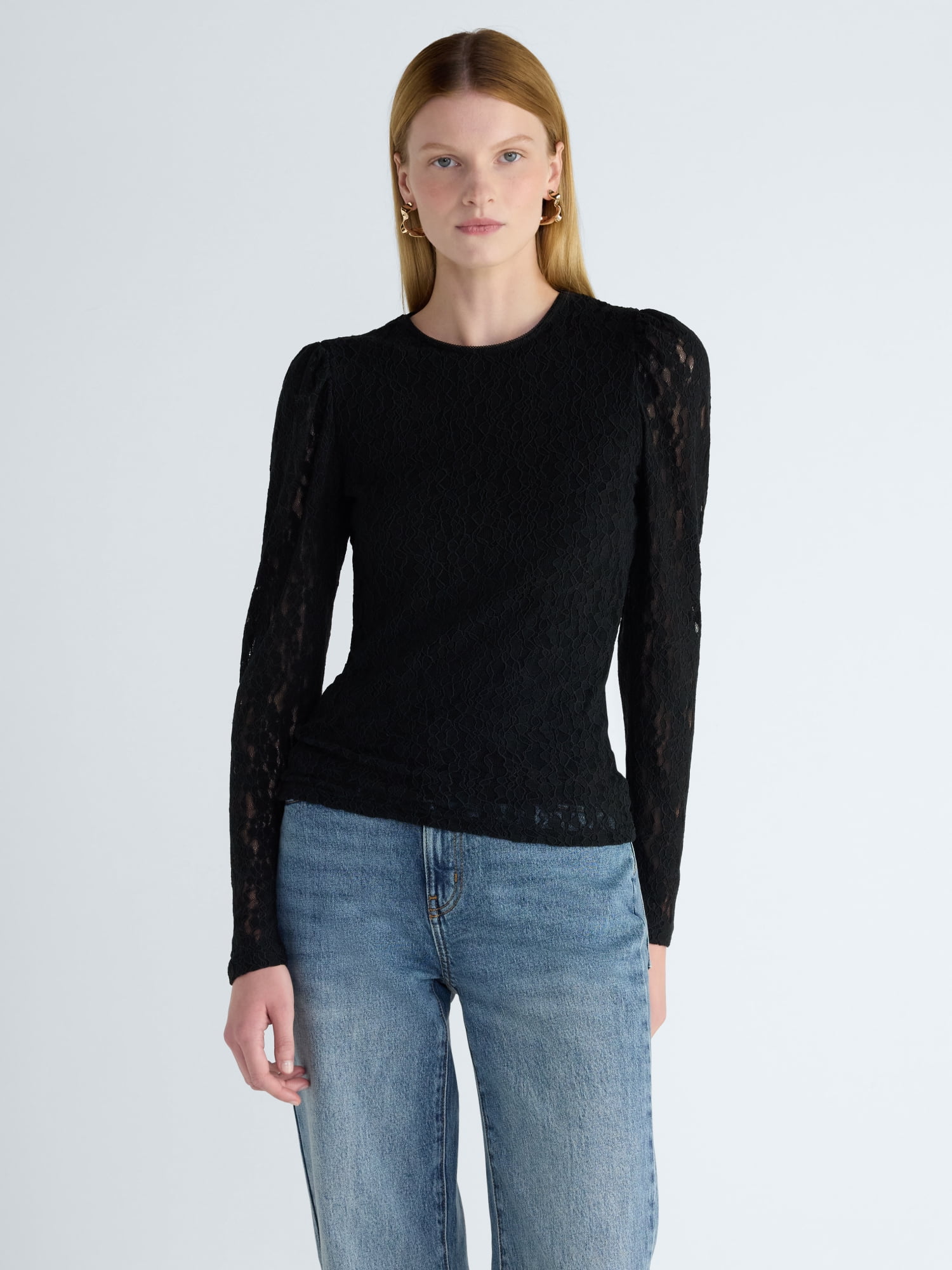 Scoop Women’s and Women’s Plus Lace Top with Puff Shoulders, Sizes XS ...