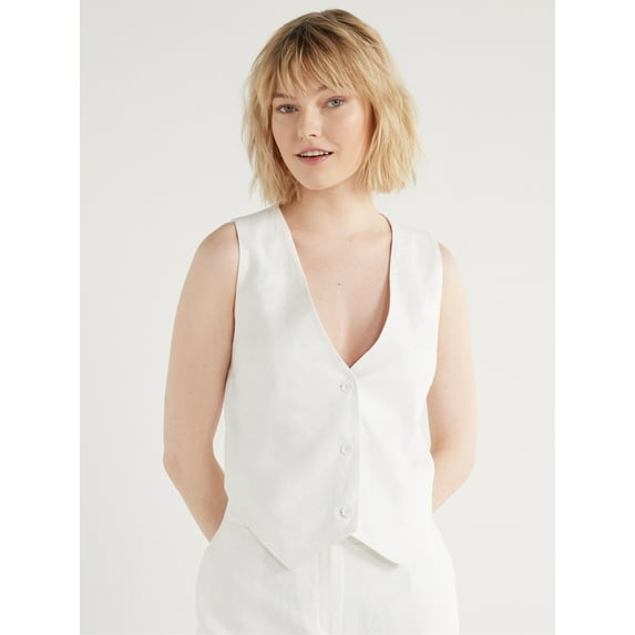 Scoop Women's and Women's Plus Linen Blend V-Neck Button Vest, Sizes XS-4X