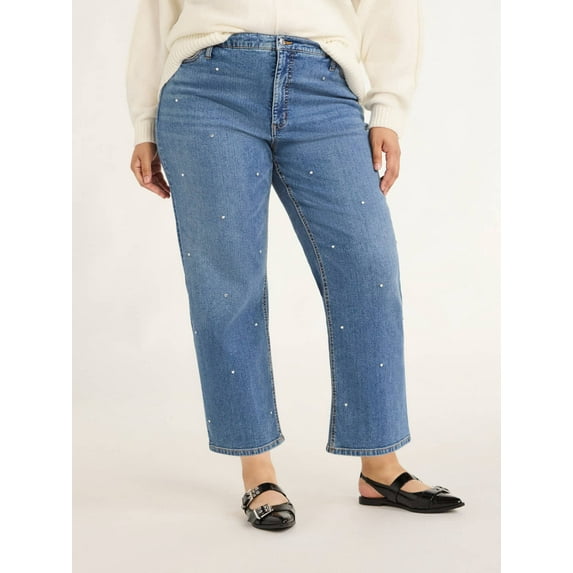 Scoop Women's and Women's Plus Low Slung Cropped Jeans with Rhinestones, 27” Inseam, Sizes 0-28W