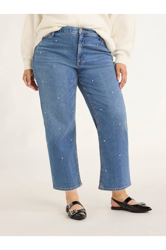 Women's and Women's Plus Low Slung Cropped Jeans with Rhinestones, 27” Inseam, Sizes 0-28W