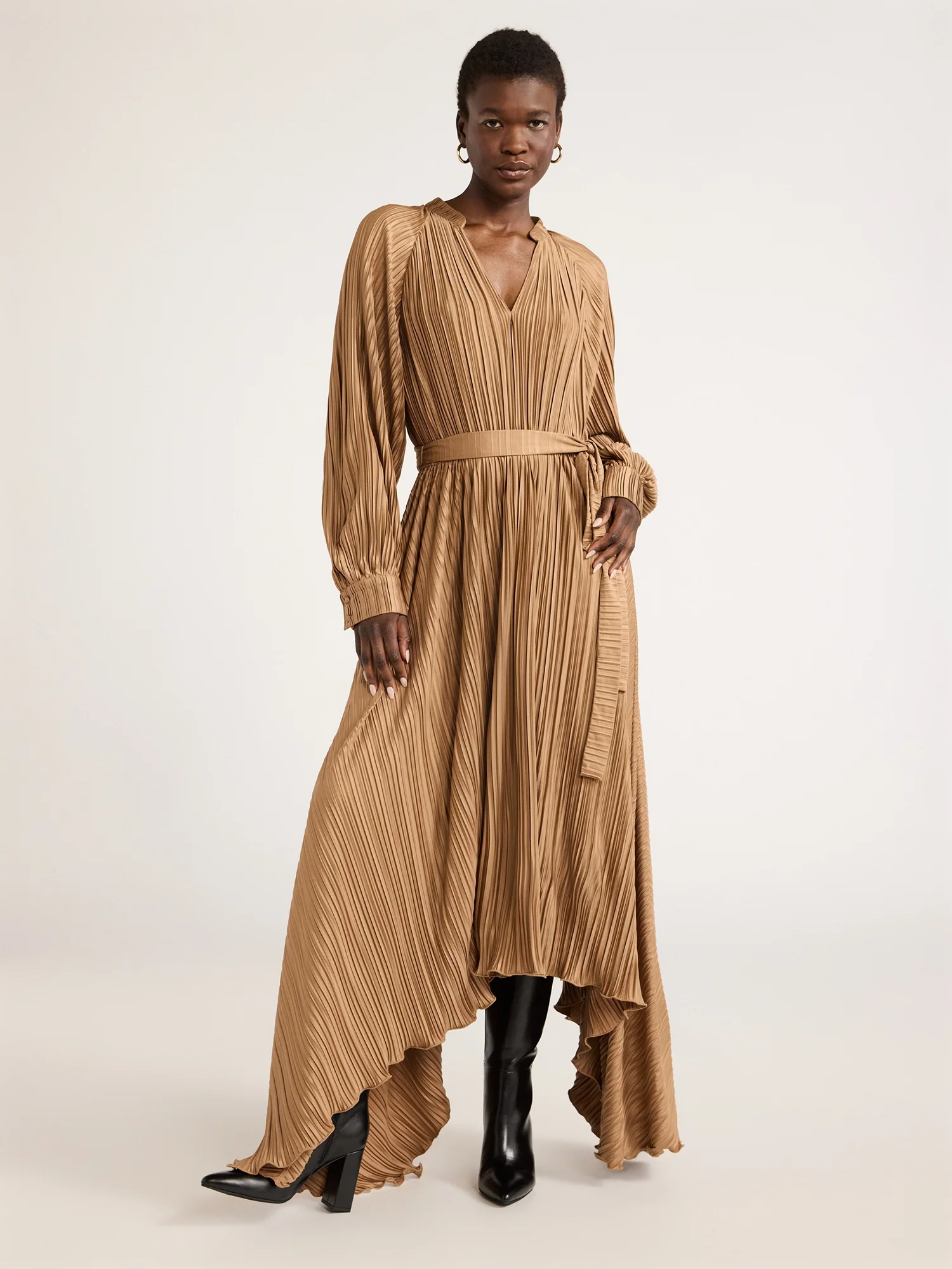 Scoop Women’s and Women's Plus Pleated Handkerchief Hem Dress with Long ...