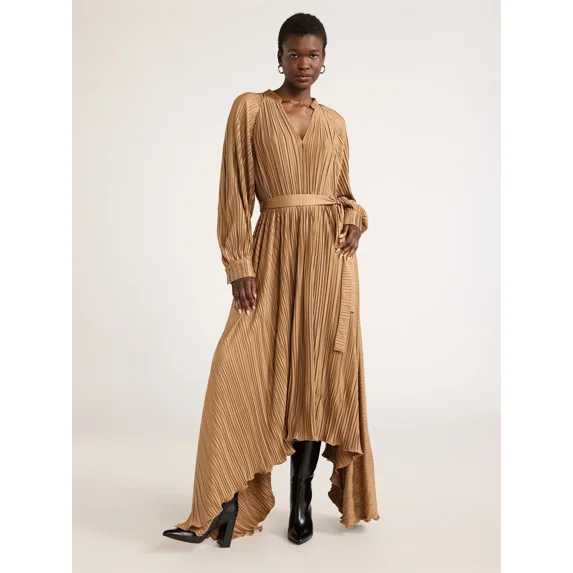 Scoop Women’s and Women's Plus Pleated Handkerchief Hem Dress with Long Sleeves, Sizes XS-4X