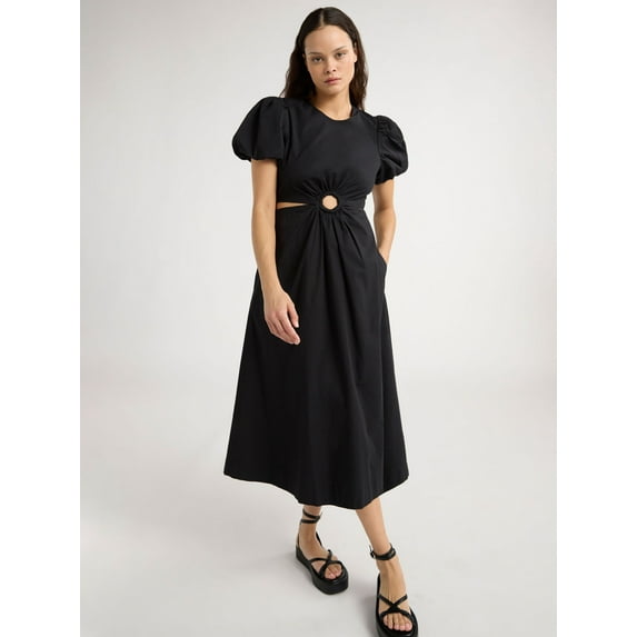 Scoop Women’s and Women's Plus Puff Sleeve O-Ring Dress, Sizes XS-4X