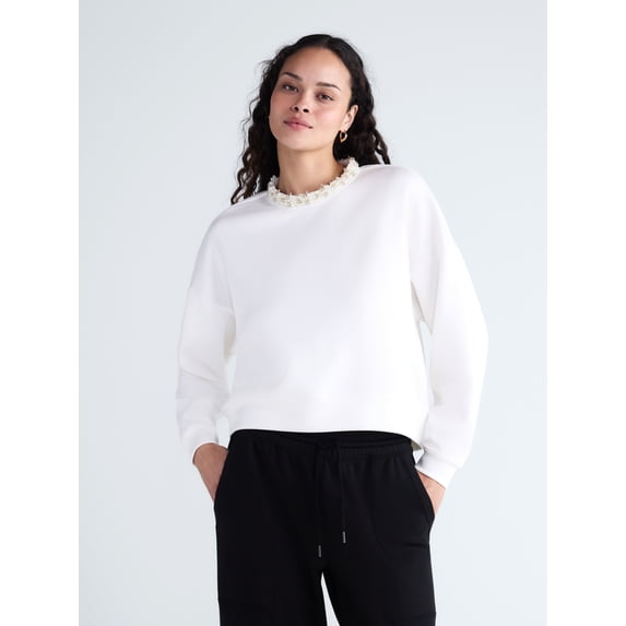 Scoop Women's and Women's Plus Scubaknit Embellished Neck Sweatshirt, Sizes XS-4X