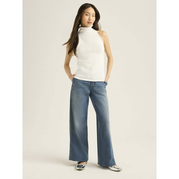 Scoop Women’s and Women's Plus Sleeveless Rhinestone Mock Neck Sweater, Lightweight, Sizes XS-4X