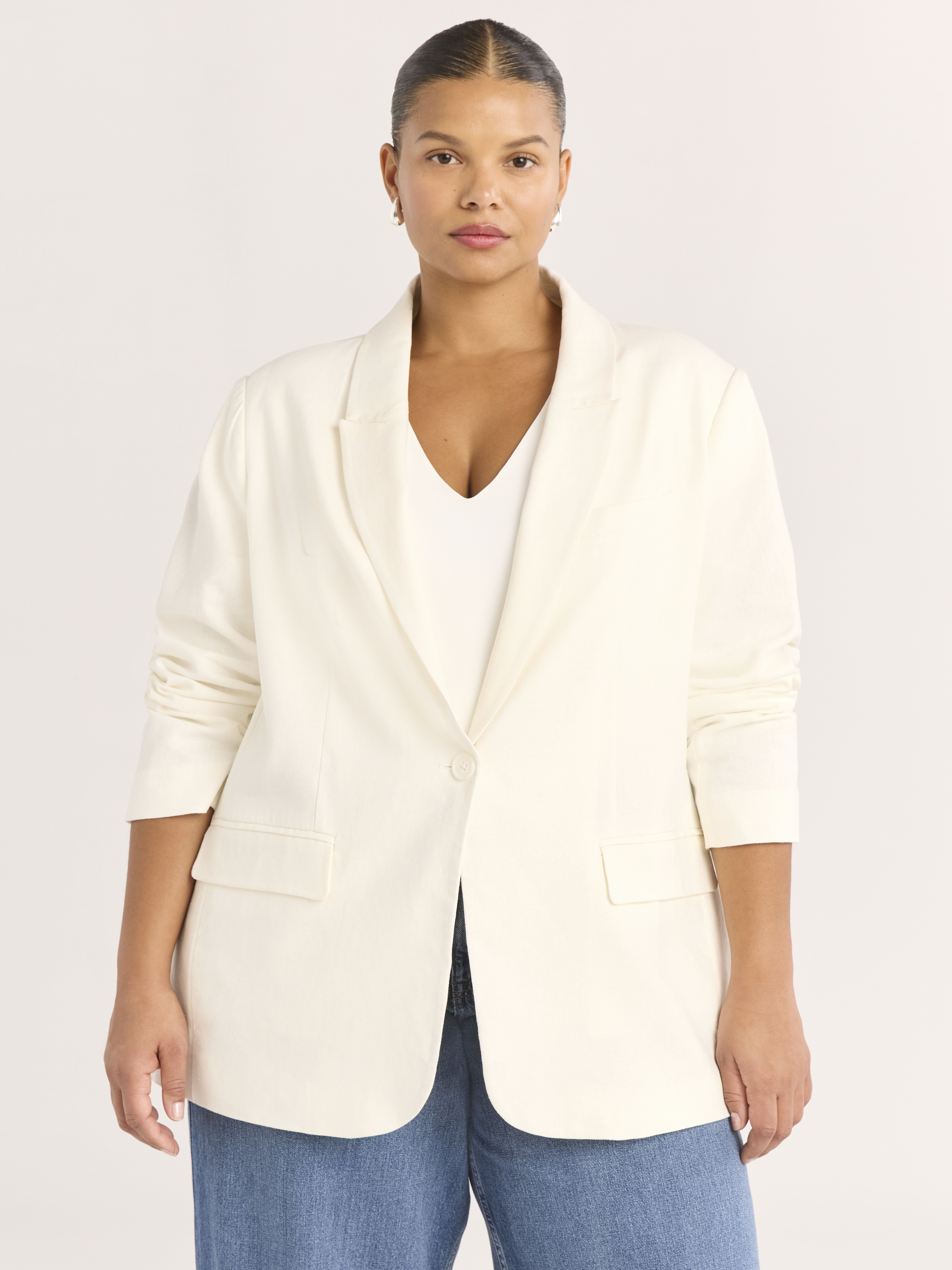 Scoop Women's and Women's Plus One Button Linen Blend Blazer, Sizes XS-4X