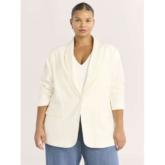 Scoop Women's and Women's Plus One Button Linen Blend Blazer, Sizes XS-4X