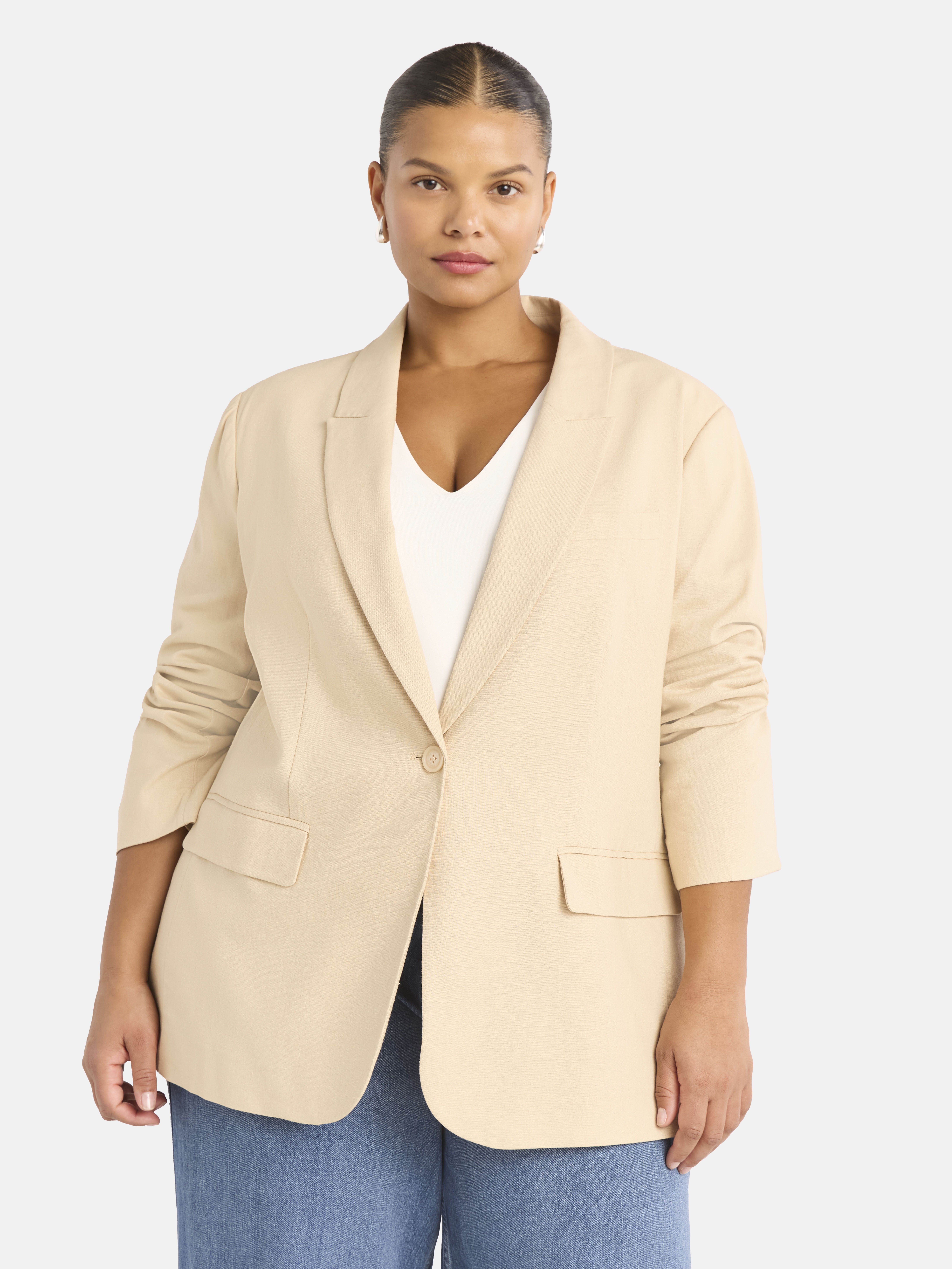 Scoop Women's and Women's Plus One Button Linen Blend Blazer, Sizes XS-4X