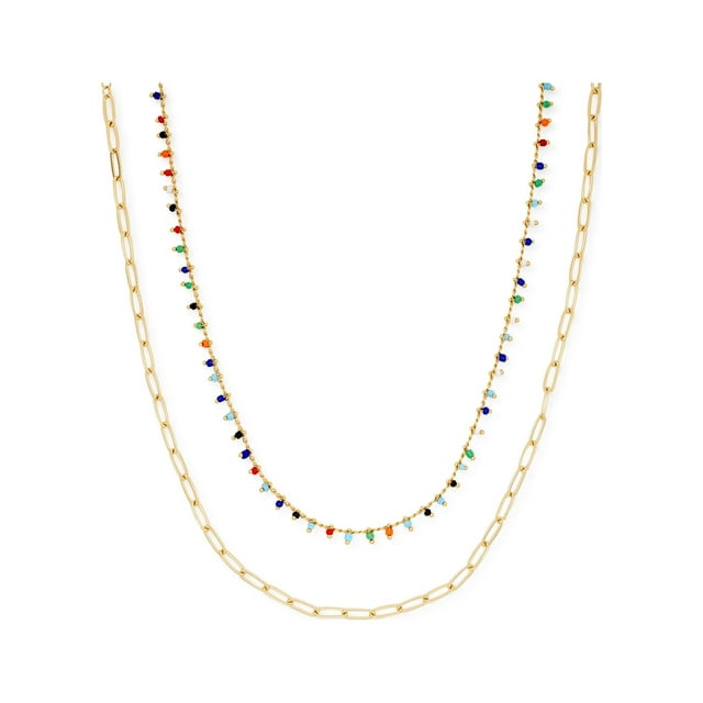 Scoop Womens 14K Gold Flash-Plated Link Chain and Multi-Color Bead Charm Necklace Duo, 2-Piece