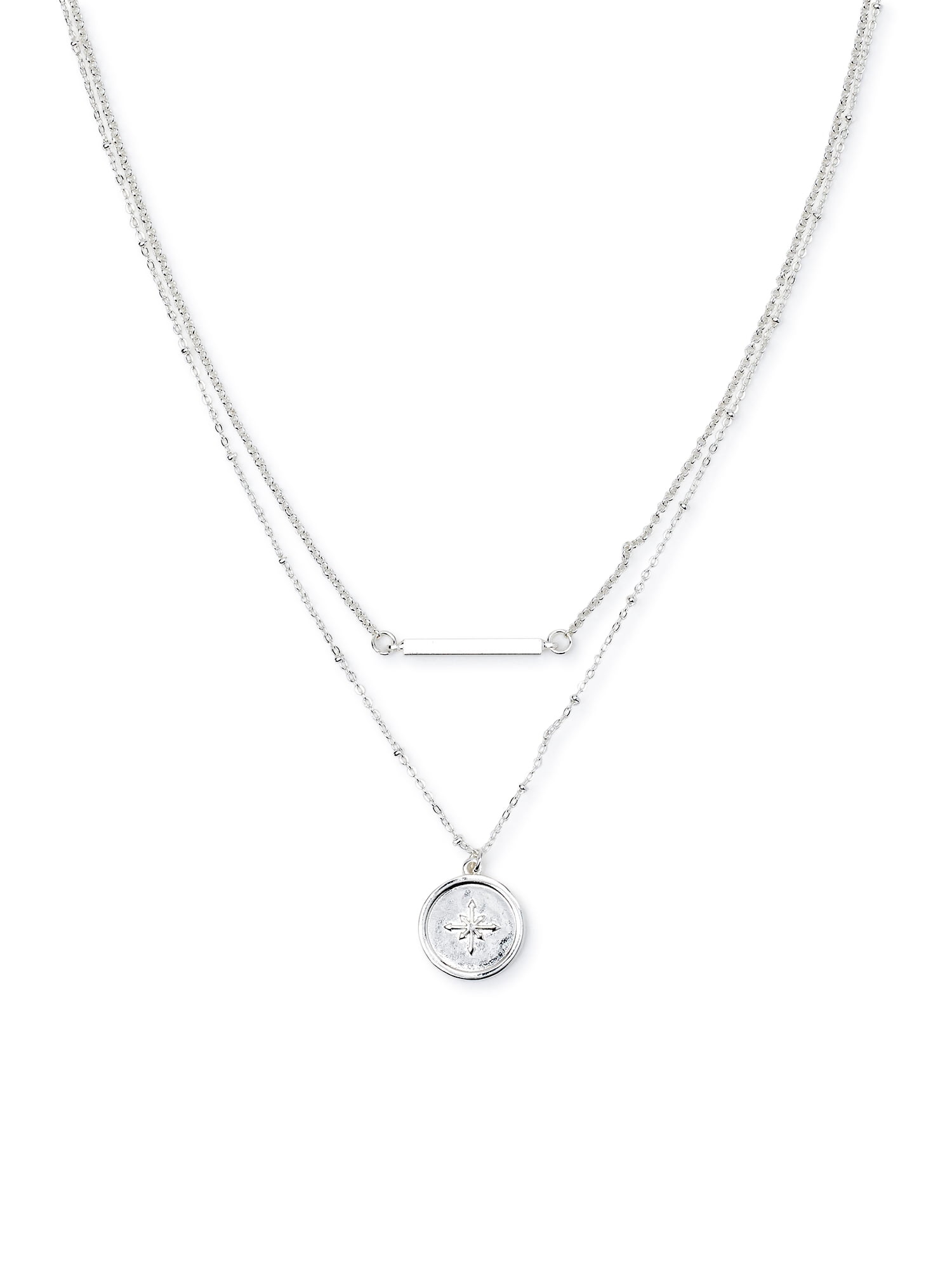 Scoop Womens Brass Fine Silver-Plated Brass Medallion and Bar Layered Necklace Set, 2-Piece